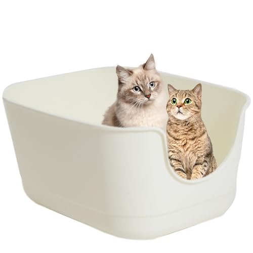 Suhaco Hochseitige Jumbo-Katzentoilette, Spritzschutz, offene Oberseite, 61 x 48 x 31 cm, extra tief, große Katzentoilette für mehrere Katzen, Toilette, niedriger Einstieg (weiß) von Suhaco