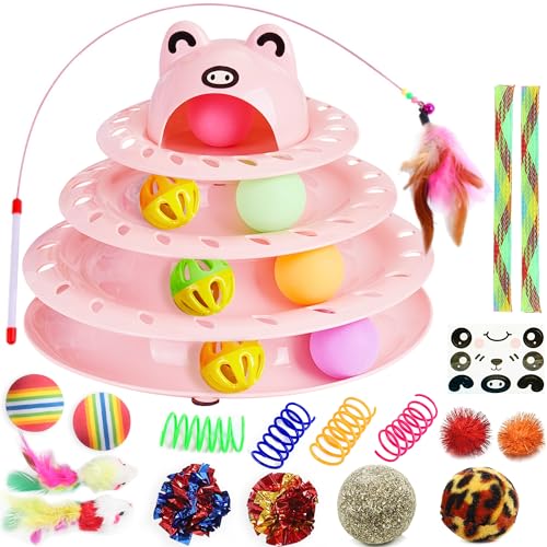 Suhaco 26 PCS Katze Spielzeug Für Indoor Kätzchen Interaktive Rolle 4-Level Track Kitty KatzeSpielzeug Mit Bunten Bällen Selbst Spielen Katze Ball Haustier Spielzeug Für Langeweile ((rosa) von Suhaco