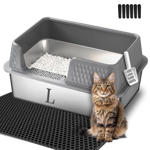 Suhaco Edelstahl Katzenklo mit Deckel Matte und Schaufel für katzentoilette Hohe Seiten XL Leicht Zu Reinigen Große Streukasten (L,Grau) von Suhaco