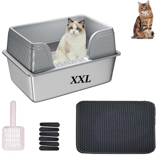 Suhaco Edelstahl Katzenstreu Box mit Deckel Kitty Schwarze Katzenstreu Matte und weißer Scoop Inklusive Covered Metal High Sided Abnehmbare große Katzenstreu Box Gehäuse 60×40×30(Grau XXL) von Suhaco