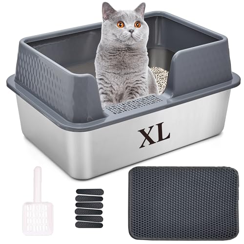 Suhaco Edelstahl Katzenklo mit Deckel Matte und Schaufel für katzentoilette Hohe Seiten XL Leicht Zu Reinigen Große Streukasten (L,Grau) von Suhaco