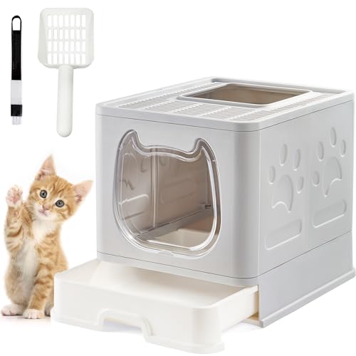 Suhaco Faltbare Katzenklo mit Deckel Groß Oberer Eintrag Katzentoilette mit Katzentoilettenschaufel und 2-1 Reinigungsbürste fur Katzentoiletten (Grau) von Suhaco