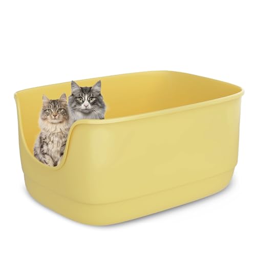 Suhaco Hochseitige Jumbo-Katzentoilette, Spritzschutz, offene Oberseite, 61 x 48 x 31 cm, extra tief, große Katzentoilette für mehrere Katzen, Toilette, niedriger Einstieg (Gelb) von Suhaco