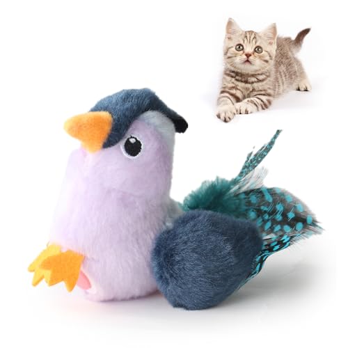 Suhaco Interaktive Katzenspielzeug Chirpy Vogelmelodie Feder Spielzeug Plüsch Spielzeug Set für Katzen Squeeze Spielzeug für Indoor Katzen (Vogel Grau) von Suhaco