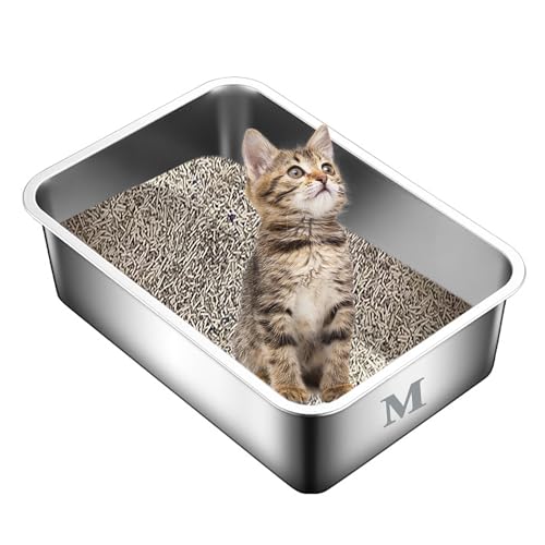 Suhaco Edelstahl Katzentoilette, 45 x 35 x 15 cm, Hohe Seiten, Für Katzen und kleine Haustiere, Silber von Suhaco