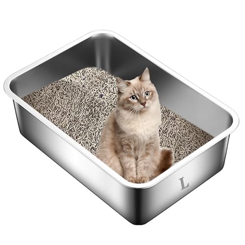 Suhaco Katzentoilette aus Edelstahl, 50 x 35 x 15 cm, hohe Seiten, Katzentoilette für Kaninchen & kleine oder mittelgroße Katzentoiletten von Suhaco