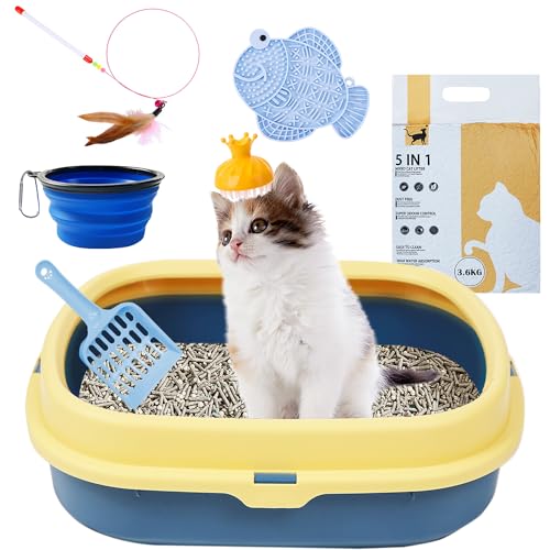 Suhaco Katzentoiletten-Starter-Set mit Katzenstreu und Schaufel, Leckmatte, Fellpflegebürste, All-in-One-Essentials für Kätzchen, Katzentoilette, Geruchskontrolle, leicht zu reinigen (Blau) von Suhaco