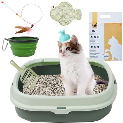 Suhaco Katzentoiletten-Starter-Set mit Katzenstreu und Schaufel, Leckmatte, Fellpflegebürste, All-in-One-Essentials für Kätzchen, Katzentoilette, Geruchskontrolle, leicht zu reinigen (Grün) von Suhaco