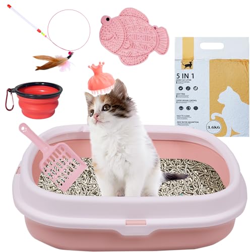 Suhaco Katzentoiletten-Starter-Set mit Katzenstreu und Schaufel, Leckmatte, Fellpflegebürste, All-in-One-Essentials für Kätzchen, Katzentoilette, Geruchskontrolle, leicht zu reinigen (Rosa) von Suhaco