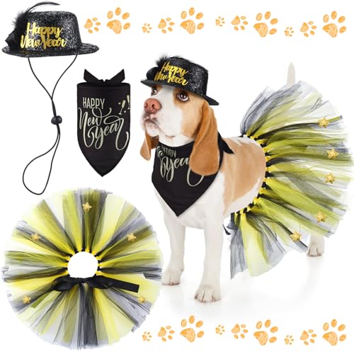 Suhine 3 Stück Haustier Happy New Year Kostüm Hund Outfit Zubehör Enthält Happy New Year Pet Hut, Dreieck Hund Bandana und Tüll Tutu Rock für mittelgroße große Haustiere Neujahr Kostüm Supplies von Suhine