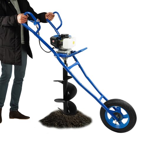 SuhoFutus 52CC Benzin Erdbohrer, 2-Takt Benzin Erdbohrer mit Transportgestell, Erdbohrmaschine mit 2-Rad-System und 300mm Bohrer, Erdlochbohrer Set für Grubengräber Landwirtschaft, Blau von SuhoFutus