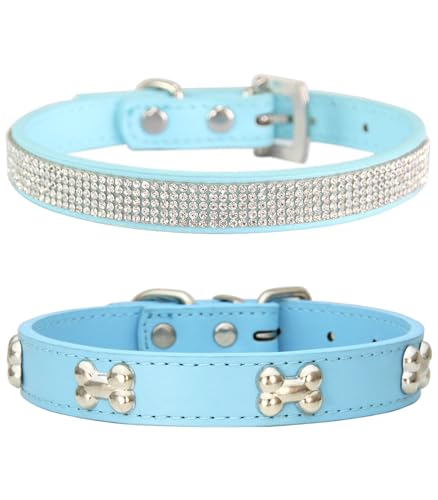Suiecuor 2 teiliges lederhalsband Hund, hundehalsband Strass welpenhalsband mit Metallknochen Dekoration geeignet für kleine mittelgroße Hunde und Katzen Himmelblau XS Suiecuor 2 teiliges lederhalsband Hund, hundehalsband Strass welpenhalsband mit Metallknochen Dekoration geeignet für kleine mittelgroße Hunde und Katzen Himmelblau XS von Suiecuor