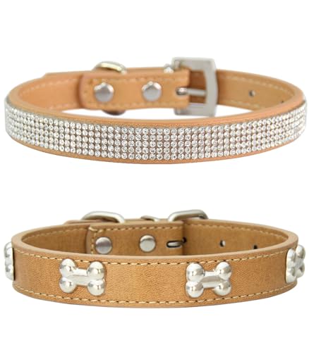 Suiecuor 2 teiliges lederhalsband Hund, hundehalsband Strass welpenhalsband mit Metallknochen Dekoration geeignet für kleine mittelgroße Hunde und Katzen Khaki S Suiecuor 2 teiliges lederhalsband Hund, hundehalsband Strass welpenhalsband mit Metallknochen Dekoration geeignet für kleine mittelgroße Hunde und Katzen Khaki S von Suiecuor