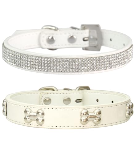 Suiecuor 2 teiliges lederhalsband Hund, hundehalsband Strass welpenhalsband mit Metallknochen Dekoration geeignet für kleine mittelgroße Hunde und Katzen Weiß M Suiecuor 2 teiliges lederhalsband Hund, hundehalsband Strass welpenhalsband mit Metallknochen Dekoration geeignet für kleine mittelgroße Hunde und Katzen Weiß M von Suiecuor