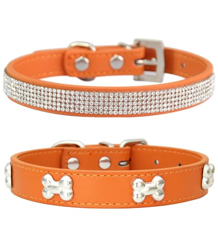 Suiecuor 2 teiliges lederhalsband Hund, hundehalsband Strass welpenhalsband mit Metallknochen Dekoration geeignet für kleine mittelgroße Hunde und Katzen Orange XS Suiecuor 2 teiliges lederhalsband Hund, hundehalsband Strass welpenhalsband mit Metallknochen Dekoration geeignet für kleine mittelgroße Hunde und Katzen Orange XS von Suiecuor