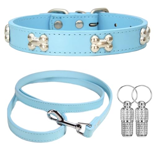 Suiecuor Halsband und Leinenhalsband Lederhalsband Hund Hundehalsband mit Metallknochendekoration Geeignet für kleine mittlere groß Hunde und Katzen Azurblau XS von Suiecuor