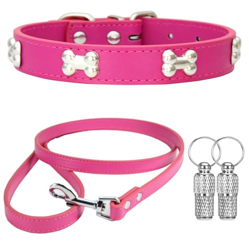 Suiecuor Halsband und Leinenhalsband Lederhalsband Hund Hundehalsband mit Metallknochendekoration Geeignet für kleine mittlere groß Hunde und Katzen Dunkelrosa S von Suiecuor
