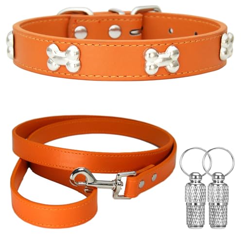 Suiecuor Halsband und Leinenhalsband Lederhalsband Hund Hundehalsband mit Metallknochendekoration Geeignet für kleine mittlere groß Hunde und Katzen Orange S Suiecuor Halsband und Leinenhalsband Lederhalsband Hund Hundehalsband mit Metallknochendekoration Geeignet für kleine mittlere groß Hunde und Katzen Orange S von Suiecuor