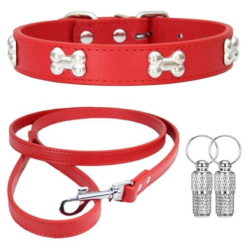 Suiecuor Halsband und Leinenhalsband Lederhalsband Hund Hundehalsband mit Metallknochendekoration Geeignet für kleine mittlere groß Hunde und Katzen Rot M von Suiecuor