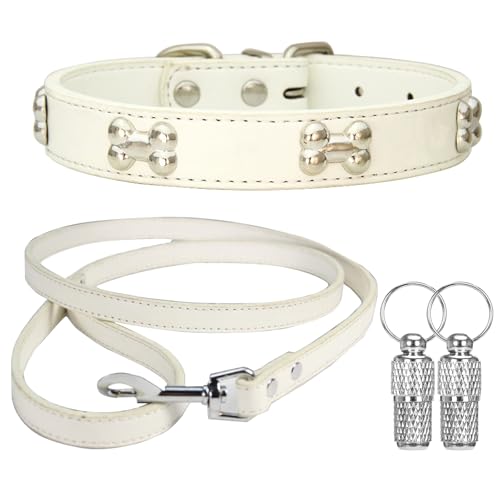 Suiecuor Halsband und Leinenhalsband Lederhalsband Hund Hundehalsband mit Metallknochendekoration Geeignet für kleine mittlere groß Hunde und Katzen Weiß M Suiecuor Halsband und Leinenhalsband Lederhalsband Hund Hundehalsband mit Metallknochendekoration Geeignet für kleine mittlere groß Hunde und Katzen Weiß M von Suiecuor