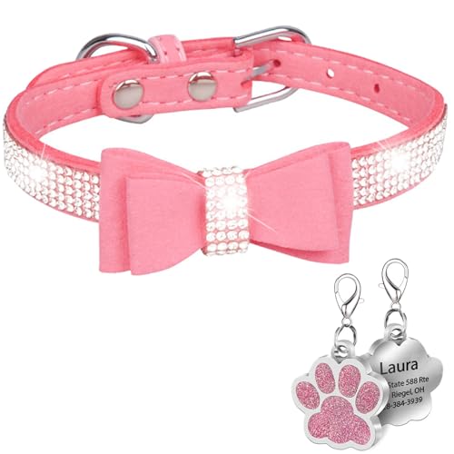Suiecuor Personalisiertes Hundehalsband mit Strass und Bogen Hundehalsband mit personalisierter Hundemarke geeignet für kleine mittelgroße und große Hunde Suiecuor Personalisiertes Hundehalsband mit Strass und Bogen Hundehalsband mit personalisierter Hundemarke geeignet für kleine mittelgroße und große Hunde von Suiecuor