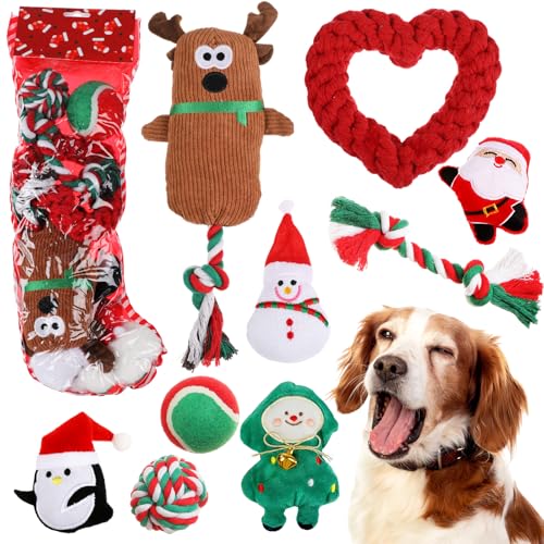 Suilung 10 Stück Weihnachts-Hundespielzeug, Geschenke, Weihnachtsstrumpffüller mit verschiedenen Spielzeugen für Welpen, vorgefülltes Kauseil zum Zahnen für kleine und mittelgroße Hunde (niedlicher Suilung 10 Stück Weihnachts-Hundespielzeug, Geschenke, Weihnachtsstrumpffüller mit verschiedenen Spielzeugen für Welpen, vorgefülltes Kauseil zum Zahnen für kleine und mittelgroße Hunde (niedlicher von Suilung