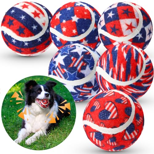 Suilung 6 Stück Unabhängigkeitstag Hund Quietschende Tennisbälle 6,3 cm interaktives Haustierspielzeug Ball 4. Juli patriotisch für kleine, mittelgroße und große Hunde, Plüsch-Kauspielzeug von Suilung