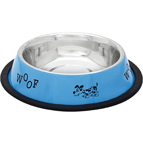 Suinga Futter- UND WASSERNAPF für Hunde. Blau Woof Ø16 cm. Fassungsvermögen 0,45 Liter. Edelstahl mit Rutschfester Gummioberfläche von Suinga