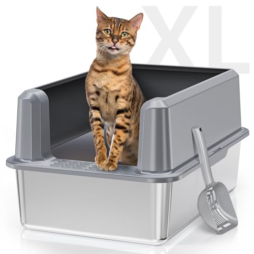 Katzentoilette aus Edelstahl, hohe Seite, geschlossene große Katzentoilette für XL große Katzen, leicht zu reinigende Metall-Katzentoilette mit Schaufel von Suitfeel