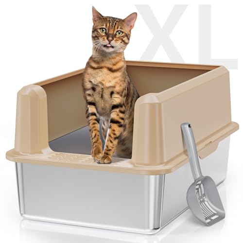 Suitfeel Geschlossene Edelstahl-Katzentoilette mit hoher Seite, XL-Katzentoilette für große Katzen, leicht zu reinigende Metall-Kitty-Katzentoilette, antihaftbeschichtet, auslaufsicher, inklusive von Suitfeel