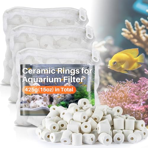 Sukh Aquarienfiltermedium mit - 3 Filterbeuteln, 425g Keramik Filterringe Biologisches & biomechanisches Filtermaterial für Süßwasser- & Meerwasseraquarien, geeignet für Außenfilter von Sukh