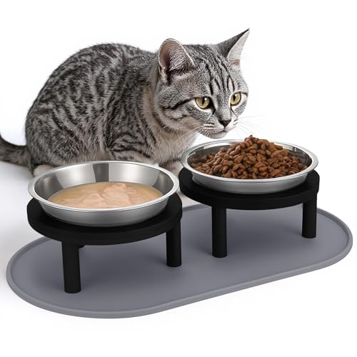 Erhöhte Katzennäpfe mit Futtermatte, 16,3 cm, flach erhöhte Näpfe, Schnurrhaarfreundlich, 2 Edelstahl-Katzenfutter- und Wassernäpfe für Katzen und Welpen, spülmaschinenfest (schwarz) von Summark