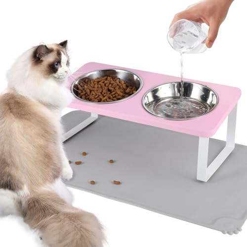 Erhöhte Katzennäpfe mit Futtermatte, um 15 ° geneigter Ständer, Anti-Erbrechen, erhöhter Katzennapf für Futter und Wasser, 2 Edelstahlnäpfe für Katzen und Welpen, Rosa von Summark