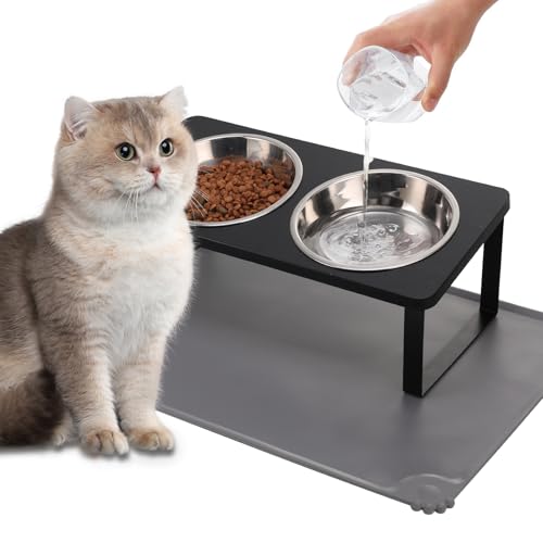 Erhöhte Katzennäpfe mit Futtermatte, um 15 ° geneigter Ständer, Anti-Erbrechen, erhöhter Katzennapf für Futter und Wasser, 2 Edelstahlnäpfe für Katzen und Welpen, Schwarz Erhöhte Katzennäpfe mit Futtermatte, um 15 ° geneigter Ständer, Anti-Erbrechen, erhöhter Katzennapf für Futter und Wasser, 2 Edelstahlnäpfe für Katzen und Welpen, Schwarz von Summark