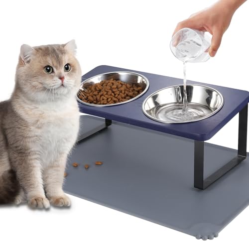 Erhöhte Katzennäpfe mit Futtermatte, um 15 ° geneigter Ständer, Anti-Erbrechen, erhöhter Katzennapf für Futter und Wasser, 2 Edelstahlnäpfe für Katzen und Welpen (Marineblau) von Summark