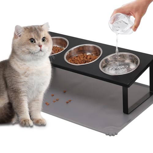Erhöhte Katzennäpfe mit Futtermatte, um 15 ° geneigter Ständer, Anti-Erbrechen, erhöhter Katzennapf für Futter und Wasser, 3 Edelstahlnäpfe für Katzen und Welpen, Schwarz von Summark