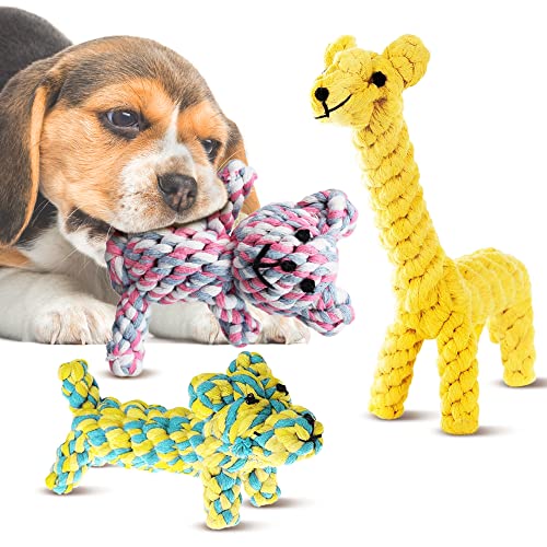 SunGrow Baumwollseil-Knoten-Spielzeug, für Welpen und Frettchen, robust, kaubar, Teddybär, Giraffe und Hund, handgewebt für kleine Rassen, für Zähne und Zahnfleisch, mehrfarbig, 3 Stück pro Packung von SunGrow
