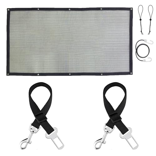 SunGrow Hunde-Sicherheitsgurte mit Barriere, 2 verstellbare 71,1 cm Nylon-Gurte, 61 x 114,3 cm, Mikro-Mesh-Netz-Trennwand für Autos, SUVs und LKWs, 4 Haken und Gepäckseile zur Montage, Schwarz, 1 Set von SunGrow