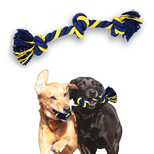 SunGrow Twisted Triple Knotted Rope Bone für Hunde, Kauspielzeug aus Baumwolle in Blau und Gelb, 2 Stück pro Packung von SunGrow