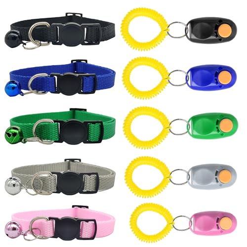 SunGrow Welpenhalsbänder und Trainingsklicks, Werkzeuge zur Verhaltenskontrolle des Hundes und positiver Verstärkung, mehrfarbig (Blau, Rosa, Grün, Grau, Schwarz) mit elastischem Armband, 5 von SunGrow