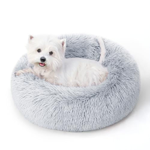 Beruhigendes Hunde- und Katzenbett mit rutschfester Unterseite, mittelgroß, waschbar, Anti-Angst-Donut-Hundebett für mittelgroße Hunde, flauschiges Plüsch, gemütlich, rund, 68 cm, Hellgrau von SunStyle Home