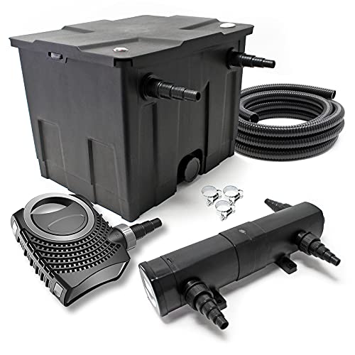 SunSun Komplettset: CBF-350 Teichfilter bis 12000L Teichfilteranlage Durchlauffilter, NEO6000 Teichpumpe 6000l/h 40W, CUV-236 Teichklärer 36W, 5m Teichschlauch 38 mm (1 1/2"), Schlauchschellen 44-47mm von SunSun