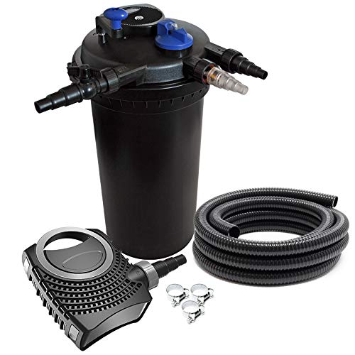 SunSun Komplettset: CPF-15000 Teichdruckfilter bis 30000 L mit 18 Watt UV-C Teichklärer, NEO3800 SuperEco Teichpumpe 3600l/h 20W, 5m Teichschlauch 38 mm (1 1/2"), Schlauchschellen W1 44-47mm von SunSun