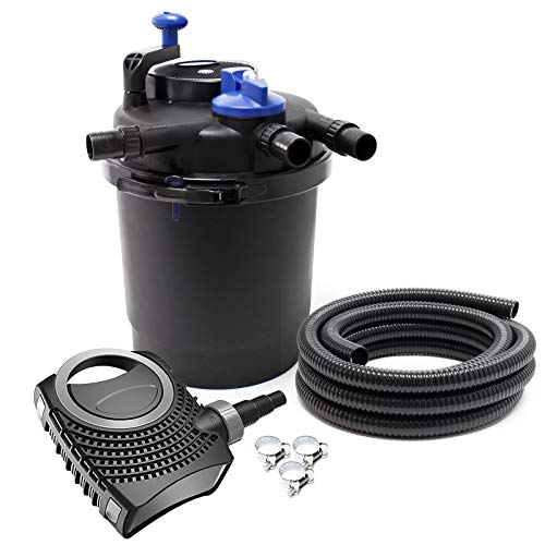 SunSun Komplettset: CPF-2500 Teichdruckfilter bis 6000 L mit 11 Watt UV-C Teichklärer, NEO3800 SuperEco Teichpumpe 3600l/h 20W, 5m Teichschlauch 32 mm (1 1/4"), Schlauchschellen W1 44-47mm von SunSun