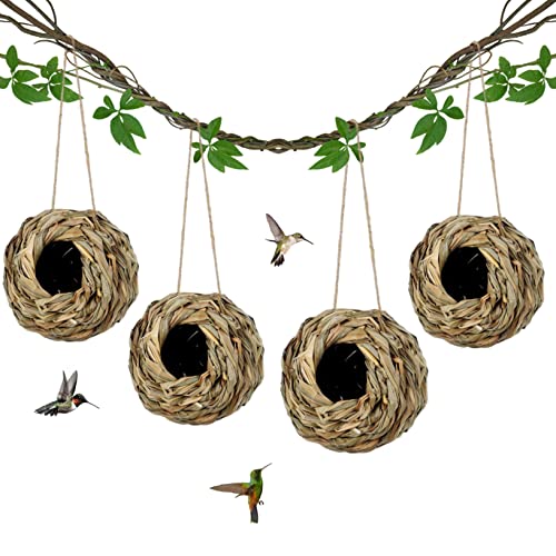 Vogelnest zum Aufhängen, Kolibri-Nest, Haus aus Gras, gewebtes Kolibri-Nest, Vogelhütte für Fenster, Gartendekoration, 4 Stück, 14 x 14 x 6 cm, gewebtes Kolibri-Nest, Gras, Vogelhaus, natürliches Gras von SunaOmni