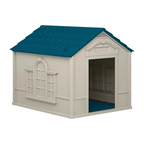 Suncast Deluxe Hundehütte für Hunde bis zu 45,4 kg, mit abnehmbarem Dach, Belüftungsöffnungen, gekröntem Kanalboden und personalisierbaren Etiketten, Taupe/Blau von Suncast