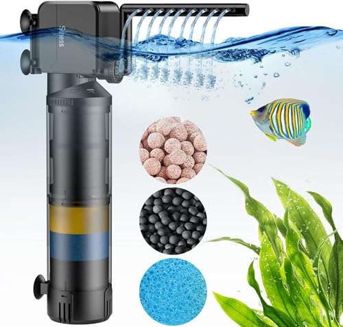 Suness Aquarium Filter Innenfilter, 3 Belüftungsmodi (Belüftung/Sauerstoffanreicherung/Regenfall), 3-stufige Filterung, einstellbare Durchflussmenge, 20W Leistung für 40-180 Gallonen (Aquarium Filter) von Suness