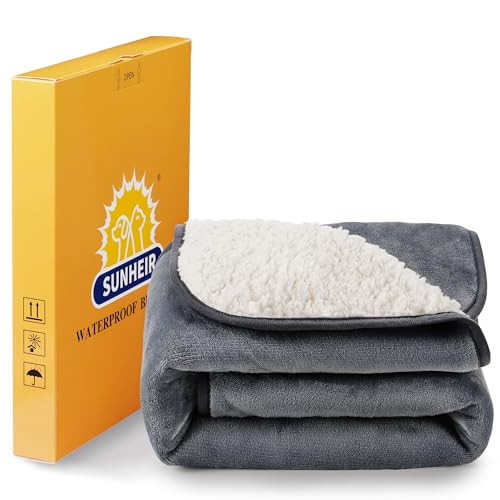 Sunheir Wasserdichte Hundedecken für extra große Hunde – Katzendecke waschbar für Couch-Schutz, weiche Sherpa-Fleece-Welpen-Überwurfdecke gegen Urinaustritt und schützt Möbel, 127 x 152 cm, Grau von Sunheir