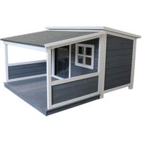 SunnyDogs Holz-Hundehütte mit Pultdach und Terrasse, grau-weiß lasiert, wetterfest SunnyDogs Holz-Hundehütte mit Pultdach und Terrasse, grau-weiß lasiert, wetterfest von SunnyDogs