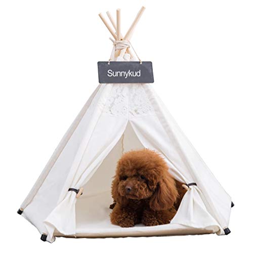 Sunnykud Tipi Zelt für Haustiere Hundezelt Katzenzelt Haustierzelte Häuser mit Kissen Abnehmbar und Waschbar Haustierbett Wegklappen Haustier Hundebett Katzenbett (S:40x40x50cm, Halbe Spitze) von Sunnykud